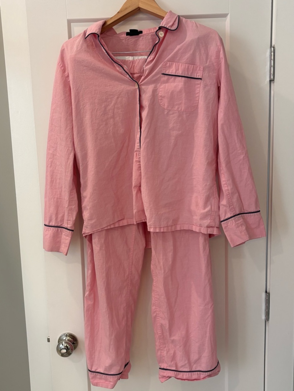 J. Crew Pink Long-Sleeve Women's Pajama Set with Navy Piping